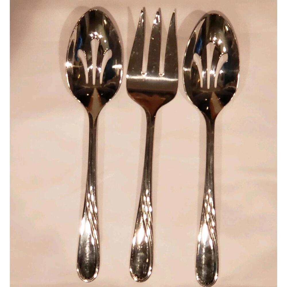 Lenox 18/10 Summerville Flatware 2 Slotted Serving Spoons And 1 Serving Fork